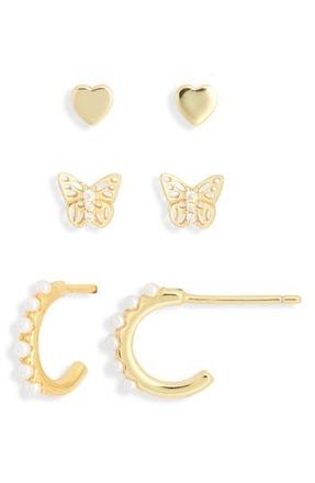 Argento Vivo Set of 3 Cubic Zirconia Butterfly Stud & Hoop Earrings in Gold at Nordstrom Rack