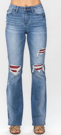 Judy Blue Livin In Plaid Patch Mid Rise Boot Cut Jean In Blue