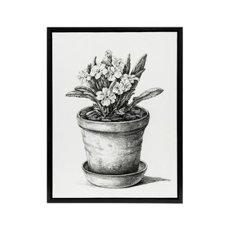 Artery8 Potted Flowering Plant Pencil Drawing Bernard Framed Canvas Wall Art in White | Size: W24 x H32