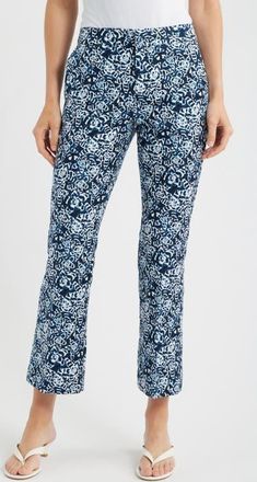 Nic+Zoe Plaza Shibori Lilies Stretch Cotton Boot Cut Pants in Indigo Multi at Nordstrom, Size 14