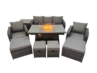 Fimous Garden Rattan Reclining Chair 3 Seater Sofa with 4 Stools Side Table in Dark Grey