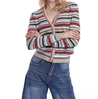 Minnie Rose Weekend Textured Cardigan In Multi Stripe