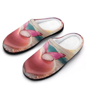 Generic Sunset Beach Heart Rose Butterflies Mens Slippers Slip On Comfortable Fleece Cotton House Shoes Winter