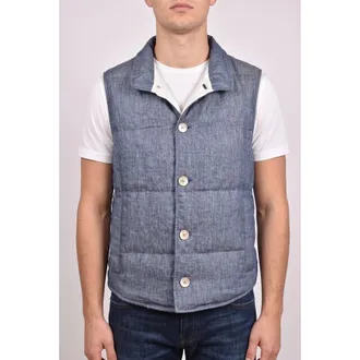 Brunello Cucinelli Blue Linen Button Down Vest, Size X-Large