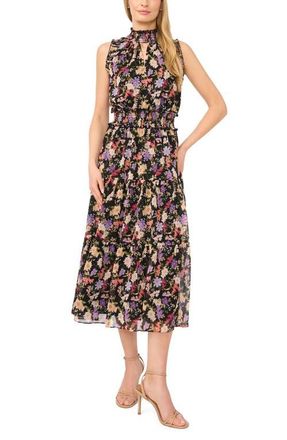 CeCe by Cynthia Steffe Floral Mock Neck Midi Dress in Rich Black at Nordstrom, Size Xx-Large