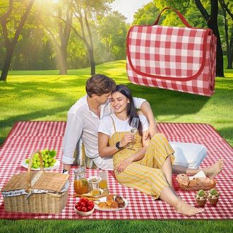 OEM Manta De Picnic De 200 X 200 Cm, Roja, Plegable Con Asa, Impermeable, Para El Parque, Paseos Y Acampadas, Ideal Para Salidas Familiares