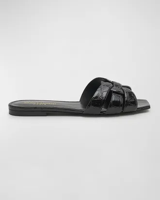 Saint Laurent Tribute Croco Flat Slide Sandals
