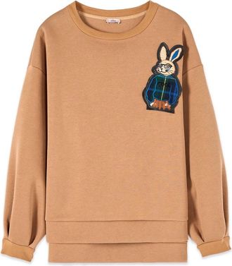 Oltre Sweatshirt met ronde hals en patch - Dames - Sweatshirts - Beige - L/Xl - Katoen - Hoodies & sweatvesten
