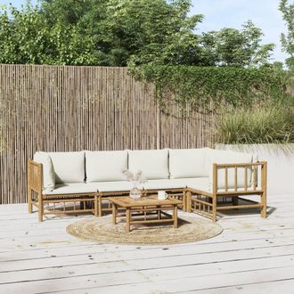 vidaXL Set De Muebles De Jard&iacute;n 6 Piezas Bamb&uacute; Y Cojines Blanco Crema Vidaxl