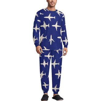 Generic Airplanes Pattern Casual Mens Pajamas Sets Crewneck Long Sleeve Pjs Tops Pants Soft Comfy Sleepwear