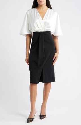 Eliza J Flutter Sleeve Midi Dress in Black Ivory at Nordstrom Rack, Size 10