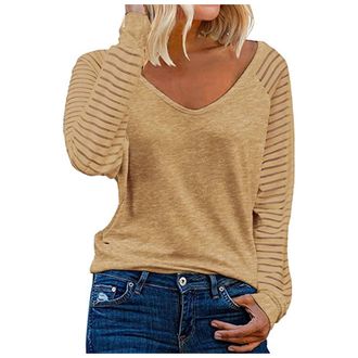Generic Womens Tank Top T-Shirt Womens Long Sleeve Shirts V Neck Lace Tops Business Casual Blouses 2024 Fall Fashion Outfits Clothes(Khaki,M)