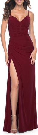 La Femme Net Jersey Fitted Dress with Ruched Bustier Top in Wine at Nordstrom, Size 12