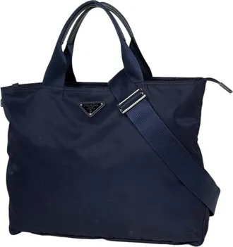 Prada Navy Nylon Leather Tote Bag (Pre-Owned)
