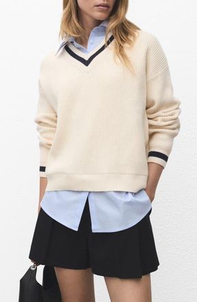 Mango Mixed Media Layered Look V-Neck Sweater in Beige at Nordstrom, Size Medium