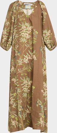 Bernadette Puff-Sleeve Printed Linen Maxi Dress