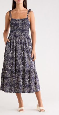 Marine Layer Carmen Tie Strap Smocked Cotton Blend Sundress in Flores Print at Nordstrom, Size X-Large
