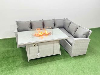 Fimous 6 Seat Rattan Garden Furniture Corner Sofa Set Gas Firepit Table Set in Light Grey