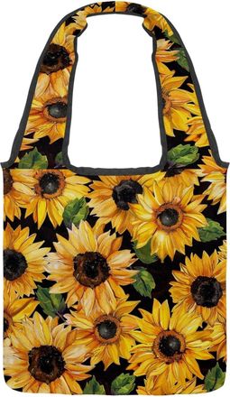 Generic Retro Yellow Sunflowers Reversible Canvas Shoulder Tote - Double-Sided Print, 12oz Cotton, 27cm Drop, Fold-Flat Bag for Travel, Shopping, Street Outin