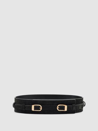 Reiss Chocolate Suede Double-buckle Corset Waist Belt, M