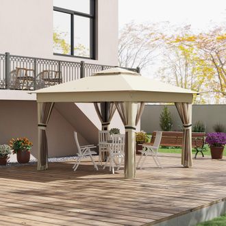OUTSUNNY 3x3(m) Pop Up Gazebo w/ Solar-Powered LED Lights Curtain Netting in Brown