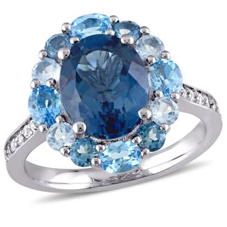Amour 5 3/8 CT TGW London, Swiss and Sky Blue Topaz Halo Ring In Sterling Silver