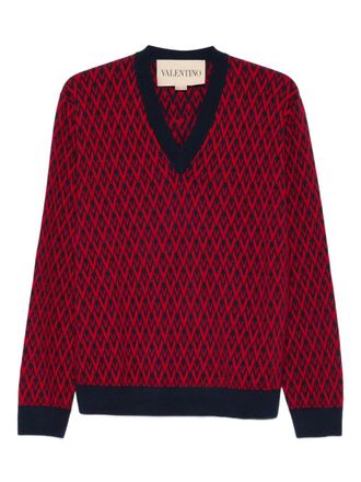 Valentino Garavani geometric-pattern V-neck sweater - men - Virgin Wool - L - Red