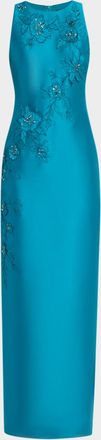 Badgley Mischka Beaded Floral Applique Column Gown