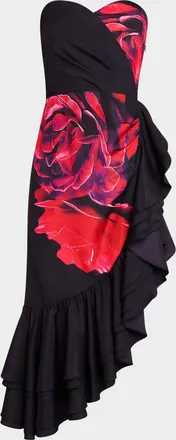 Neiman Marcus Strapless Floral-Print Asymmetric Midi Dress