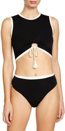 Robin Piccone Tiena Longline Knot Front Bikini Top in Black/Cream at Nordstrom Rack, Size X-Small
