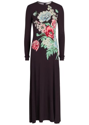 Tory Burch Floral-print Jersey-mesh Midi Dress - Brown - 4 (UK8 / S)