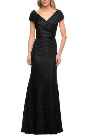 La Femme Lace Off The Shoulder Cap Sleeve Evening Dress in Black at Nordstrom, Size 14