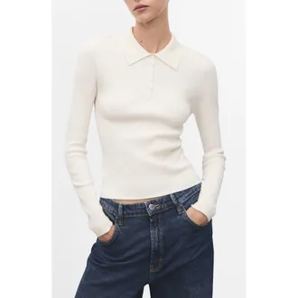 Mango Rib Long Sleeve Polo Sweater in Ecru at Nordstrom Rack, Size Small