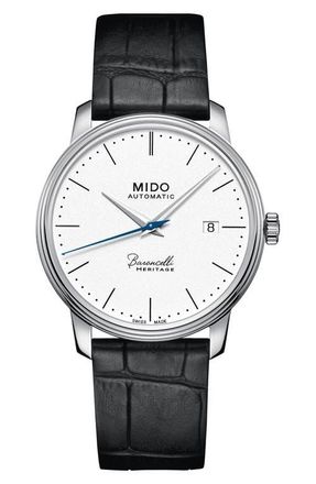 Mido Baroncelli Heritage Automatic Leather Strap Watch, 39mm in Black/White/Silver at Nordstrom