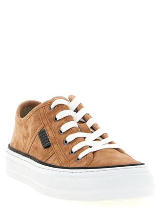 Brunello Cucinelli Suede with Shiny Tab Detail Sneaker - tan
