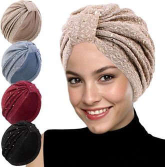 OEM Turbante De Lentejuelas De 4 Piezas Para Mujer - Pa&ntilde;uelo Para La Cabeza Con Purpurina - Cubrecabezas El&aacute;stico - Hijab Elegante