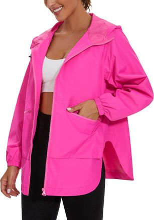 Makarthy Rain Jacket Women Waterproof Lightweight Jacket With Hood Packable Raincoat with Pockets S-XXXL, Pink, 3XL