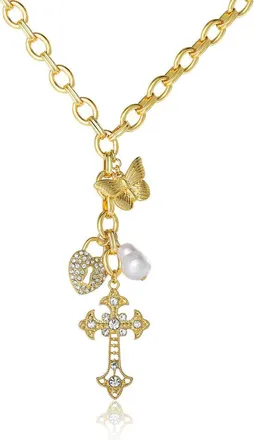 Jessica Simpson Gold-Tone Charm Link Necklace with Cross, Heart & Pearl Accents in Gold Tone at Nordstrom
