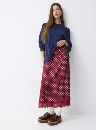 Twik Womens Lace and polka dots satiny maxi skirt