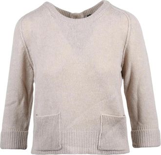 Anneclaire Beige Back Button Virgin Wool-Cashmere Short Sweater