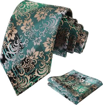 Alizeal Mens Gradient Floral Patterned Tie and Handkerchief Classic Retro for Wedding Party Casual Necktie Set, Green+Khaki