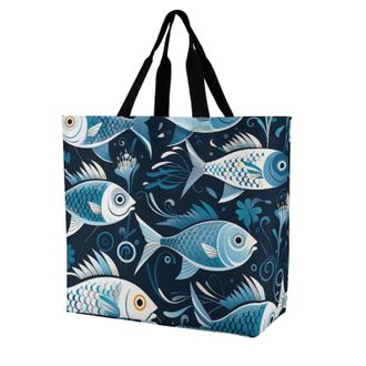 Generic Cartoon Fish Print Shopper Bag Eco Friendly Handbag Large Capacity Handbags For Beach Casual Picnic