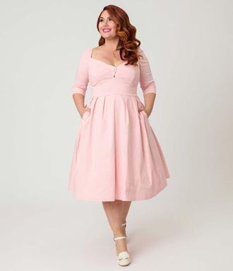 Unique Vintage Plus Size Woven Sweetheart Neckline Lamar Swing Dress in Pink Polka Dot Print at Nordstrom, Size 1X