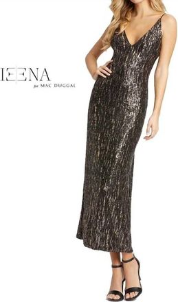 Mac Duggal Sequined Metallic V-Neck Midi Dress In Black Gold