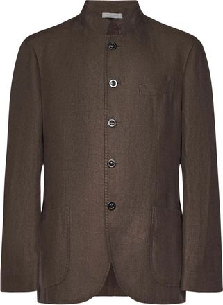 Boglioli Bruine Linnen Blazer Met Opstaande Kraag - Heren - Blazers - Bruin - 2XL - Linnen - Jassen