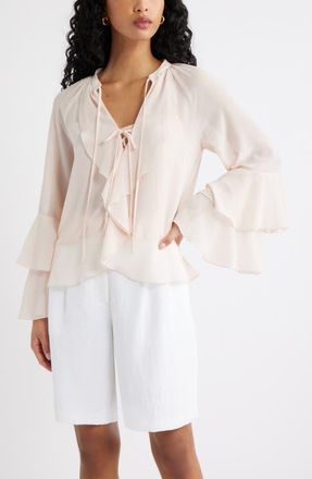 Open Edit Chiffon Ruffle Trim Top in Pink Peony Bud at Nordstrom, Size Xx-Small