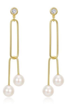 Lafonn Gold Plated Sterling Silver Simulated Diamond & Cultured Freshwater Pearl Paperclip Dangle Earrings in White at Nordstrom Rack