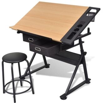 vidaXL Vidaxl - Tavolo Inclinabile da Disegno a Due cassetti con Sgabello