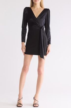 Cinq &agrave; Sept Layne Long Sleeve Satin Faux Wrap Minidress in Black at Nordstrom Rack, Size 0
