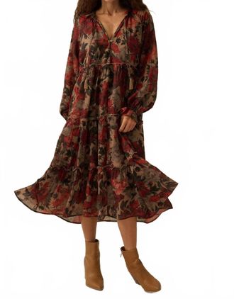 Promesa Floral-Print Tiered Ruffle Long-Sleeve Midi Dress In Sand